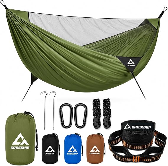 Camping Hammock with Mosquito Net – Portable Parachute Nylon Backpacking Hammock with Tree Straps, Camp Rope & Stake - for Hiking, Backpacking, Travel, Backyard, Beach – Holds Up to 500lbs (Green)