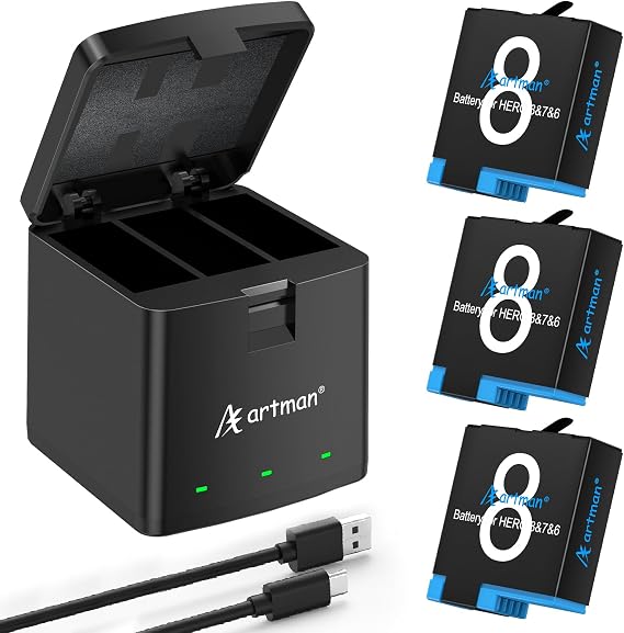 A Artman Battery 1500mAh for GoPro Hero 8/7/6/5 Black and 3-Channel Charger