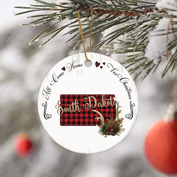 Round Ceramic Christmas Ornaments,All Come Home for Christmas Red And White Buffalo Plaid South Dakota US State Ornaments for Christmas Tree Decorations Funny Holiday Keepsake Memorial Xmas Gifts