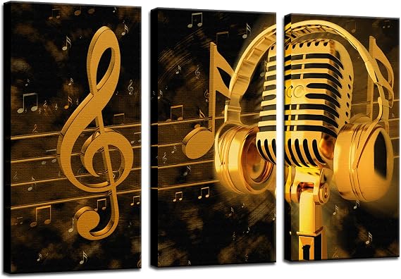 Biuteawal - Music Artistic Paintings Wall Art Gold Metal Microphone and Headset Note Picture Canvas Giclee Print Modern Home Studio Decor Stretched and Framed Ready to Hang