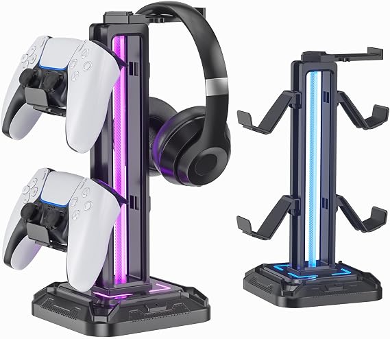 KDD RGB Headset Stand with 9 Light Modes - Controller Holder for Desk - Rotatable Headphone Stand & Detachable Controller Hook for PC Earphone Accessories(Black)