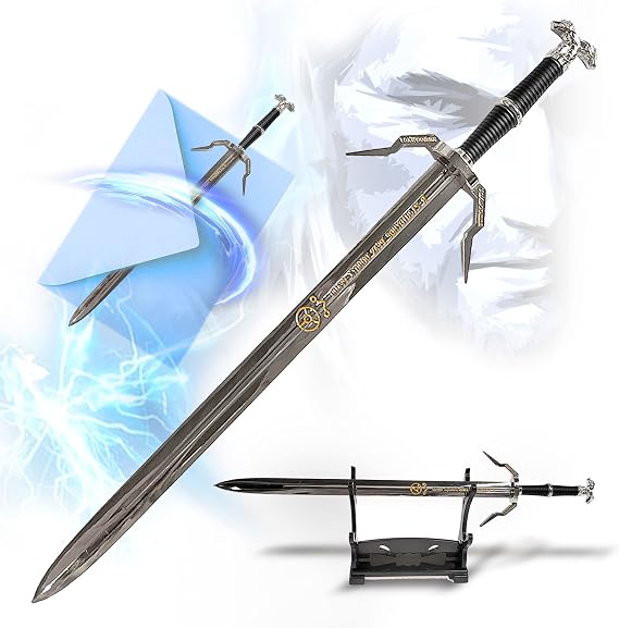 Witcher Sword - Geralt of Riva Silver Sword Letter Opener with Stand 21cm Miniature Sword Silver Sword Video Game Gift for Fans Gamers & Collectors