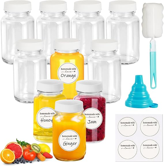 Glass Shot Bottles with Lids 60ml/2oz, 10Pcs Mini Ginger Shot Bottles Glass with Wide Mouth, Small Bottle for Juice, Ginger, Reusable Wellness Bottle with Funnel, Brush, Label