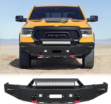 VIJAY Front Bumper Black Texture Compatible with 2019-2024 Dodge RAM 1500 and RAM Rebels (Not fit Classic Models) w/Winch Plate & 4 24W LED Lights & 1 144W LED Lights & 2 4.75T D-Ring 1