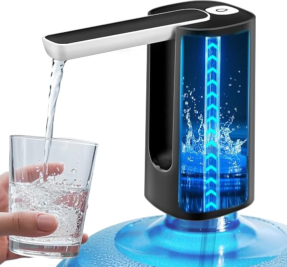 Foldable Water Dispenser for 5 Gallon Bottle, Electric Water Pump for 5 Gallon Jug Rechargable Portable Automatic Low Decibel for Camping Travel Home Kitchen Office (Black, Single Pump)