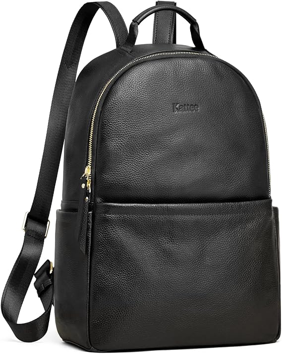 Kattee Genuine Leather Anti-Theft Backpack Purse for Women, Black | Soft top grain leather with secure back access, multiple zip pockets, fits 14.1" Tablet, work casual daypack fashion.