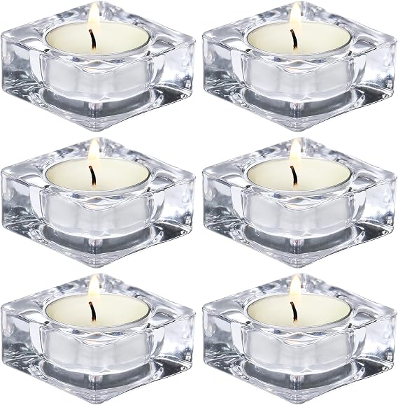 Tealight Candle Holder Set of 6, Clear Glass Candle Holder Heat-Resistant Square Holders for Wedding, Party, Home Decor
