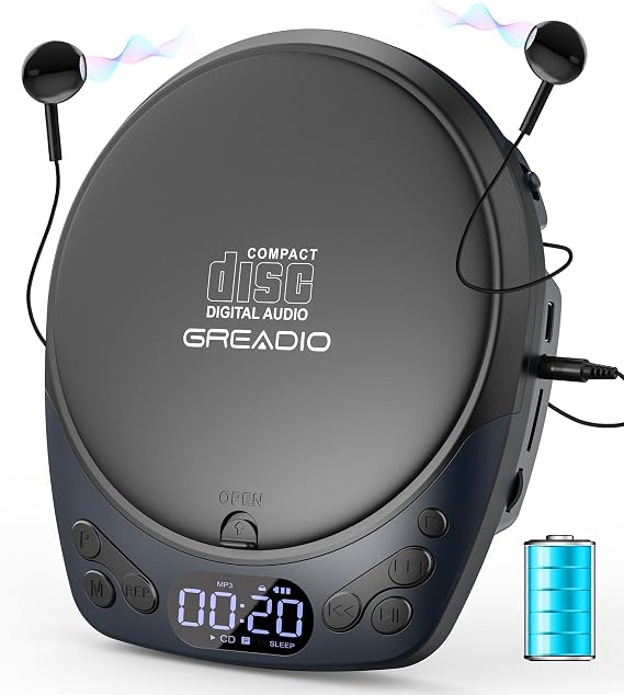Greadio Portable CD Player with Headphones, Rechargeable CD Player for Home