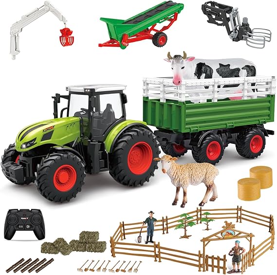 fisca Kids Remote Control Tractor Farm Playset, 2.4Ghz RC Tractor with Trailer and Conveyor, 45PCS Farm Toys Set with Farm Animals Figurines Fences Farmers for Kids Age 3 4 5 6 Years Old