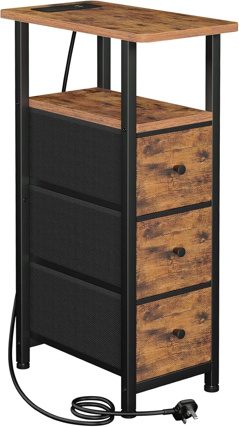 LOAKEKEL Slim Bedside Table with Charging Station, Narrow Side Table with 3 Fabric Drawers, Small Sofa Table with Open Storage Shelf, Nightstand for Small Spaces, Living Room, Brown UHETNDP03BR-1
