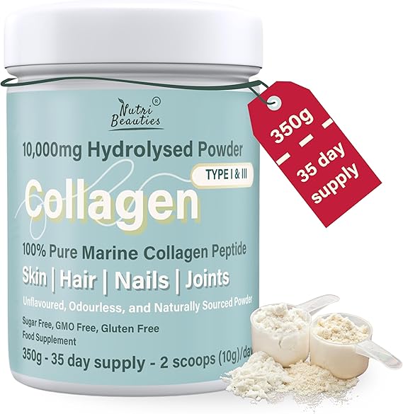 Pure Marine Collagen Peptides Powder 10,000Mg | 19 Essential Amino Acids | Unflavoured 350g Hydrolyzed Collagen Supplements for women and men (Type I, III) | 35 Day Supply |Halal | skin
