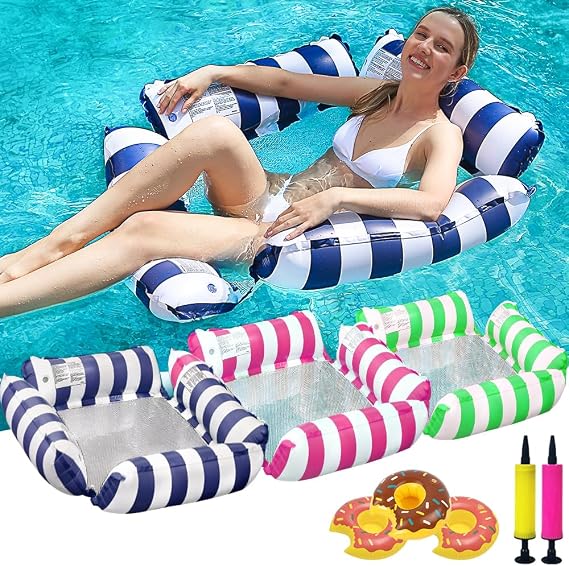 3 Pack Pool Float Chair Lounge for Adults, Inflatable Pool Floats 4-in-1 Multi-Purpose Pool Float Water Hammock with Cup Holders