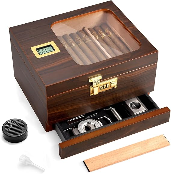 Cigar Humidor, Handcrafted Cedar Cigar Box, Glass Top Desktop Humidor with Digital Hygrometer, Ceder Wood Tray, Humidifier, Divider, Drawer and Combination Lock, Cigar Gift for Men