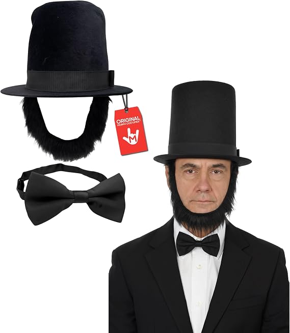 Nicky Bigs Novelties Morph Abe Lincoln Hat And Beard and Bow Tie Quick Getup Deluxe 8-Inch Tall Stovepipe Abraham Lincoln Costume Top Hats, Black, Adjustable Size