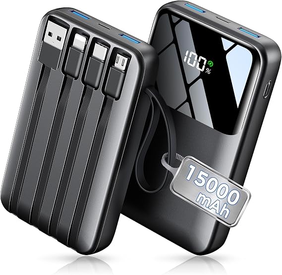 HELLEE 15000mAh Portable Charger Power Bank, 45% Smaller Built-in 4 Cables