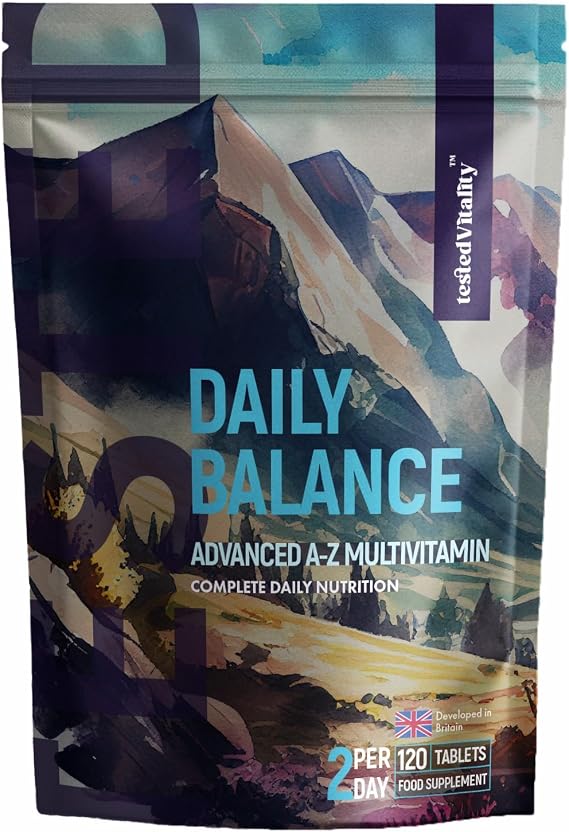 Daily Balance A-Z Multivitamin for Women & Men – 26 High Strength Essential Methylated Vitamins & Minerals |120 Tablets | with CoQ10, Enzyme & Iron.