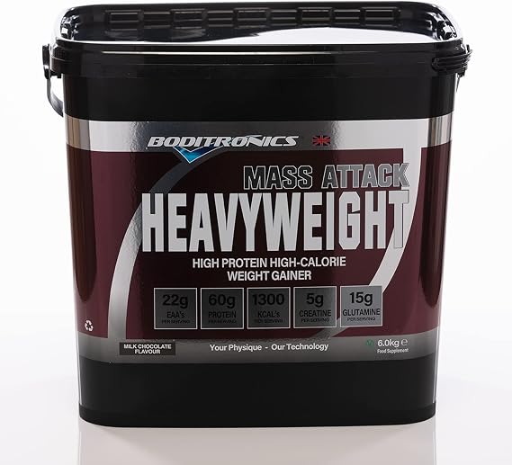 Boditronics Mass Attack Heavyweight Mass Gainer Powder with 60g Protein, 5g Creatine, 214g Carbohydrates for Muscle Building, Milk Chocolate, 6 kg