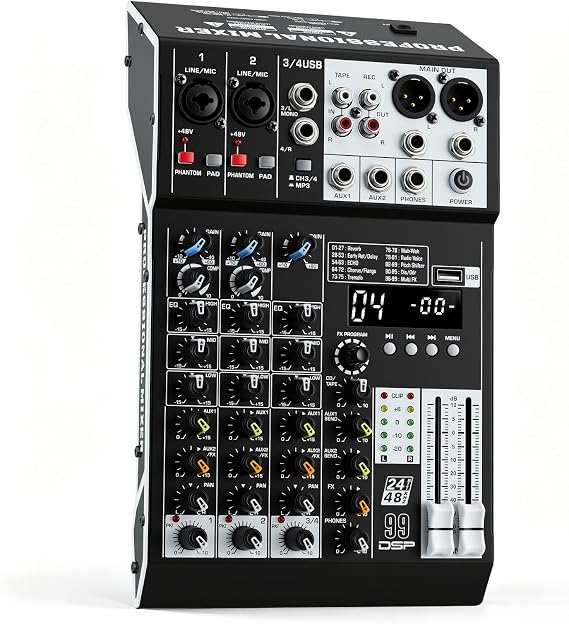 Audio Mixer 4 channel mixing desk, 99 DSP Effects, with Bluetooth & USB MP3 Player, 3-Band EQ, PAD & COMP per Channel-Digital Mixing Desk for Recording Karaoke,Live Music