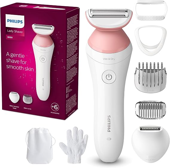 PHILIPS Lady Shaver Series 6000 Wireless Razor with 6 Accessories Body Exfoliating Glove Bikini Zone Trimmer (Model BRL146/00), White/Pink