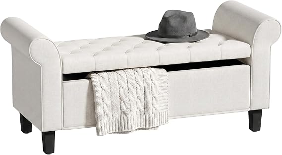 HOMCOM 47" Storage Ottoman End of Bed Bench with Rolled Arms Cream White