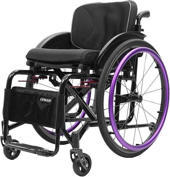 Aluminum Folding Wheelchair, Ultra-Lightweight Manual Chair, Travel Wheelchairs for Adults, with Handbrakes and Anti-tippers(Purple,38cm/14.9in Seat)