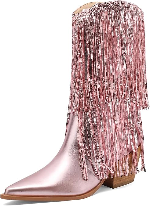 Mi.iM Women's Rhinestone Cowboy Boots Knee High Wide Calf Cowgirl Boots Western Pointed Toe Chunky Heel Sparkly Cowgirl Booties Pull On Cowboy Boots for Women