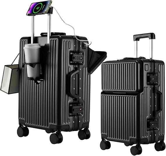 2-Piece Hardshell Zipperless Luggage Set, 20/26" Aluminum Frame Hardshell Spinner Luggage, Airline Approved Carry-On Luggage, TSA Lock, 360 Quiet Wheels With Cup Holder (Black)