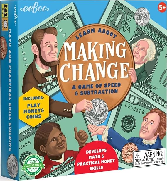 eeBoo Making Change Math Game with Play Money, Coins, Ages 5+, 2-4 Players | Builds addition, subtraction and money skills. 15 minute game play. Includes 50 item cards, play money & coins