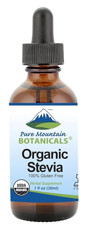 Pure Mountain Botanicals Organic Liquid Stevia Drops - 1 oz Glass Bottle - Sugar Substitute Sweetener - Alcohol Free - No Additives - Kosher - ~200 Servings