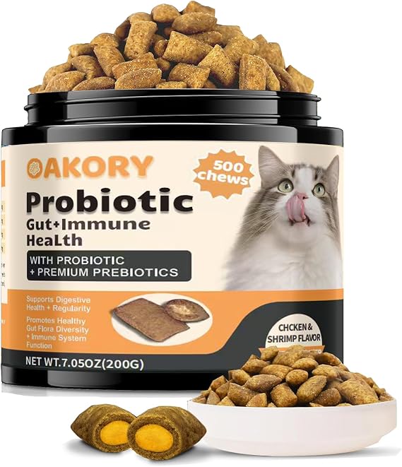 Cat Probiotics Tasty Chews 500 Chews Crunchy & Creamy Texture, with Fish Oil Omega-3 Skin & Coat Health Digestive & Gut Support, Constipation Relief, Healthy Stool, Chicken Flavor with Cheese Center