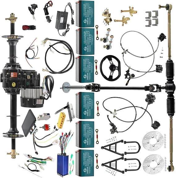 34" Go Kart 4WD Rear Axle Kit with 72V 1500W DC Motor, Swing Arm Suspension, Front Steering Rack & 3-Stud Wheel Hubs DIY ATV, Quad, Drift Trike Upgrade
