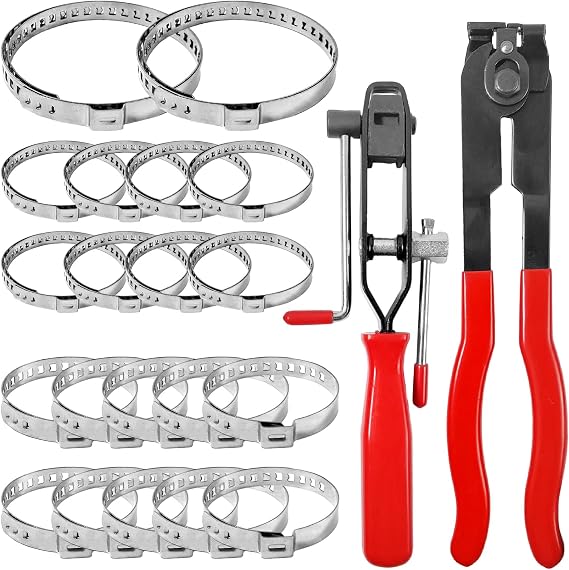 Hose Clamp Set with Clamping Pliers and Clamps, Adjustable Clamp Made of 304 Stainless Steel, Clamp Axle Boot Clamps, Car Repair and Installation Tools
