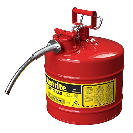 Justrite Type II Gasoline Safety Can, Red Galvanized Steel, FM Approved