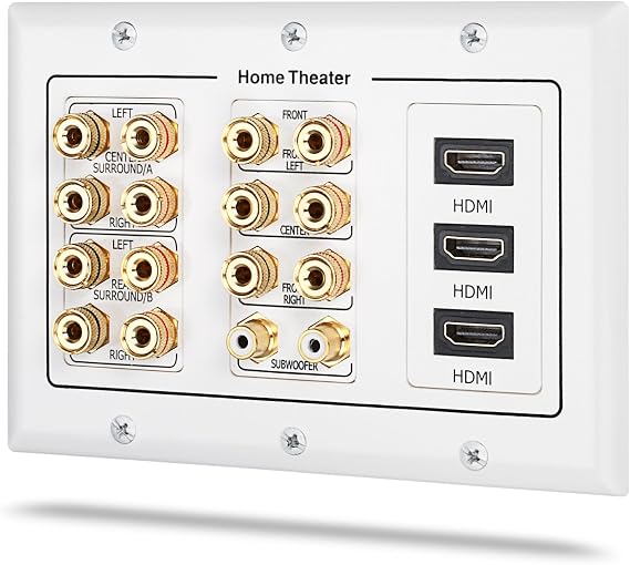Fosmon 3-Gang 7.2 Surround Sound Distribution Home Theater Wall Plate | Gold Plated Copper Banana Binding Post Coupler Outlet Faceplate for 7 Speakers, Two RCA Subwoofer Jacks, 3 HDMI Ports Wire