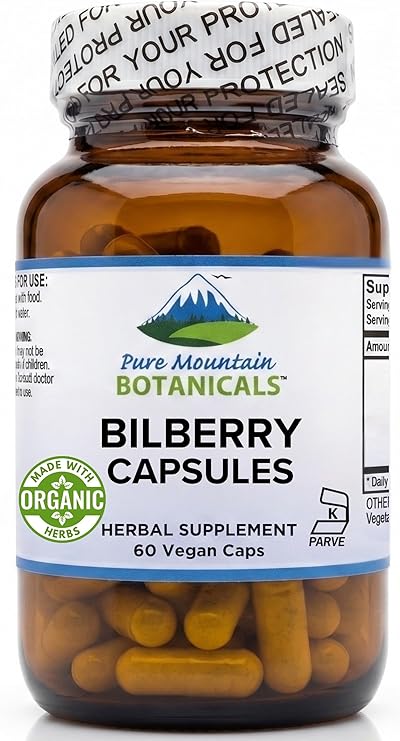 Pure Mountain Botanicals Bilberry Extract Supplement - 60 Vegan Kosher Capsules - 250mg Organic Bilberry Leaf and 50mg Extract with 25% Anthocyanidins - Eye Health Support