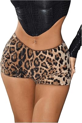 SHENHE Womens Glitter Sequin Leopard Shorts Low Rise Sexy Rave Club Booty Shorts Hot Pants