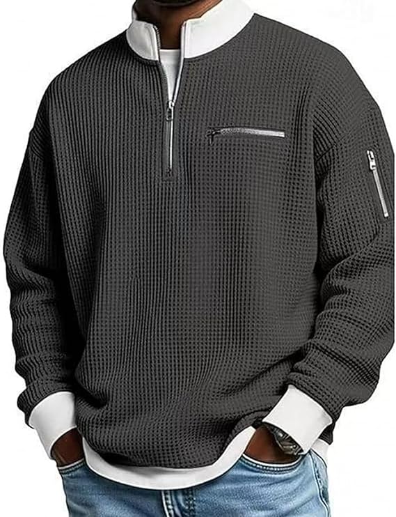 2026 Men's Casual Fashion up Collar Contrasting Zipper Sweatshirt, Loose Fit Waffle Pullover, Lightweight Long Sleeve
