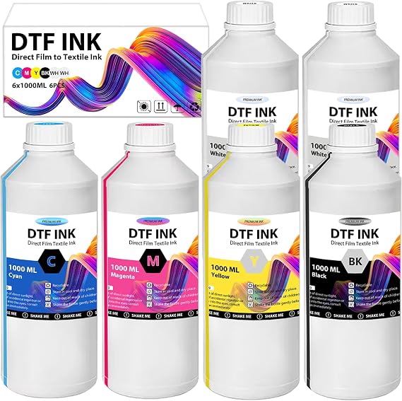 DTF Ink - 6000ML DTF Transfer Ink for PET Film, Premium Pigment Ink Refill for P600 P800 DX5 DX7 R1390 XP600 i3200 4720 Printers, High Fluidity & Coverage (1000ML*6, 2W+BKCMY)