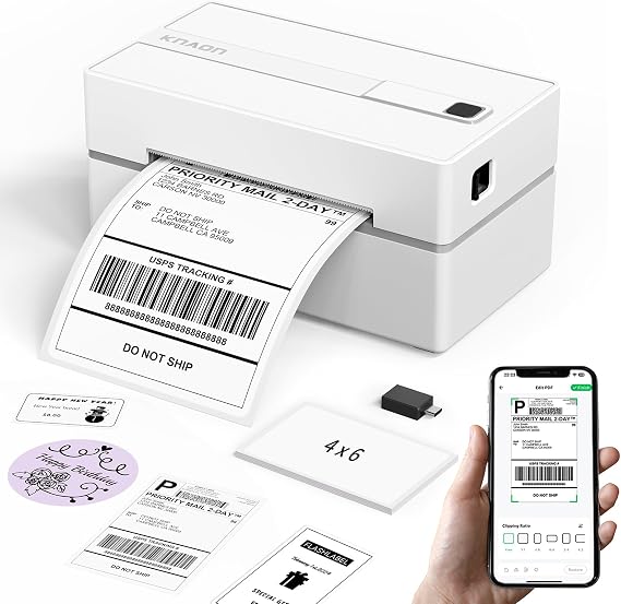KNAON Bluetooth Thermal Shipping Label Printer, 4x6 Portable Thermal Address Label Printer for Small Business, Compatible with iPhone,Android,Windows,MacWorks with Etsy Shopify USPS&More, White