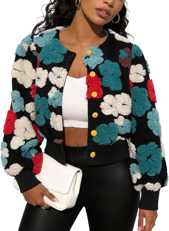 Flygo Women's Cropped Floral Print Bomber Jacket Warm Fleece Varsity Jacket Casual Button Down Puff Sleeve Coat Outerwear