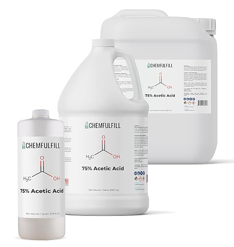 Chemfulfill High-Purity 75% Acetic Acid Solution - Ethanoic Acid for Industrial & Home Use, Multiple Sizes Available, Made in USA -(5-Gallon (640 fl oz))