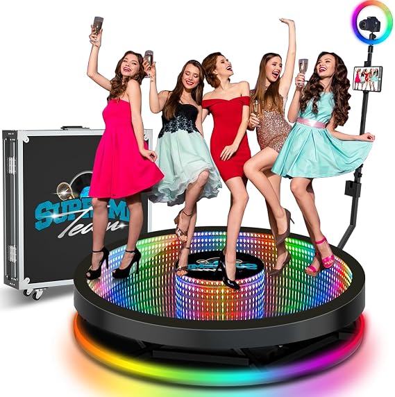 360 Photo Booth Machine for Parties, Magic Glass 360 Photo Booth (40.2''/100 cm) with RGB Ring Light, Remote Control, Money Gun, Customizable Logo for 5 People Stand with Flight Case