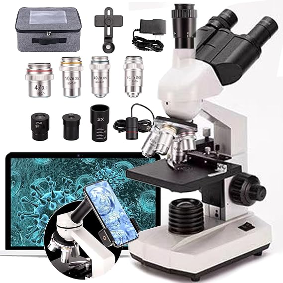 Compound Trinocular Microscope, 40x-5000x Magnification, Digital Laboratory Trinocular Compound Led Microscope with 5 Million Pixel E-Eyepiece/Double Mechanical Stage/360 Rotating,White