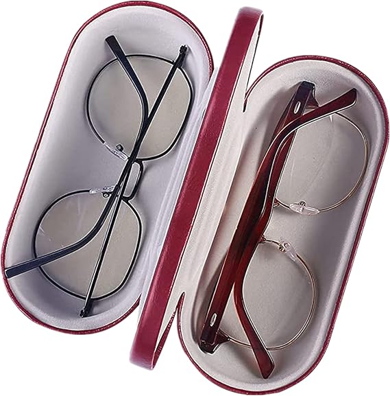 2 in 1 EyeGlasses Case, PU Leather Dual glasses Case, Double Layer Hard Shell Protective Cases for Glasses,Built in Mirror,Red Color for Women and Men