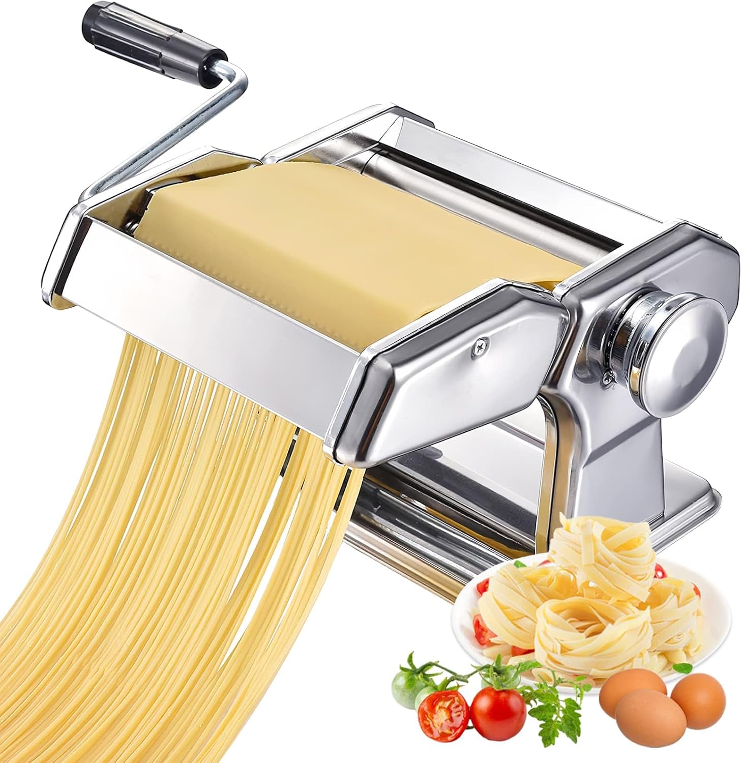 Pasta Making Machine, 9 Adjustable Thickness Stainless Steel Pasta Roller Cutters for Baking Wide Pasta Dough Spaghetti, Fettuccini, Lasagna, Italian Deluxe