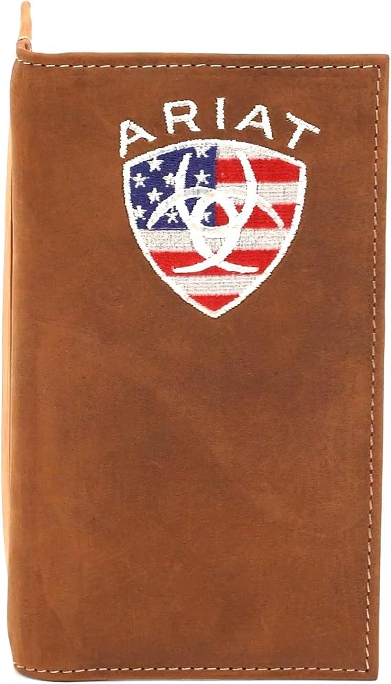 ARIAT Men's Leather Rodeo Wallet with American Flag Shield Embroidery | Leather construction, long rodeo profile, card and cash organization, suited for everyday carry