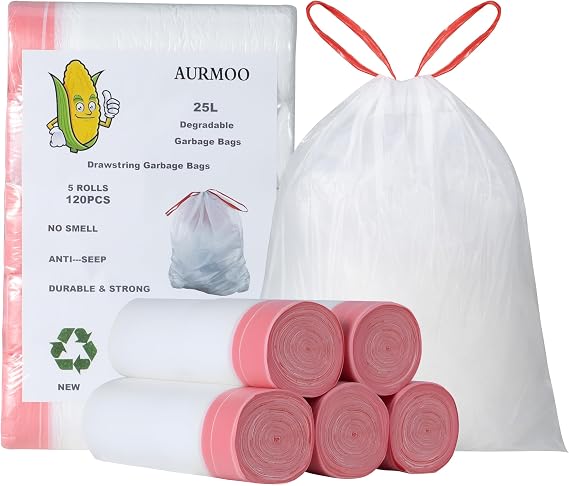 120pcs Reißfest Müllbeutel 25L mit Zugband Abbaubar Biomüllbeutel Tropfsichere Mülltüten mit Zugband Reißfeste Müllsäcke mit Tragegriff 50X60cm
