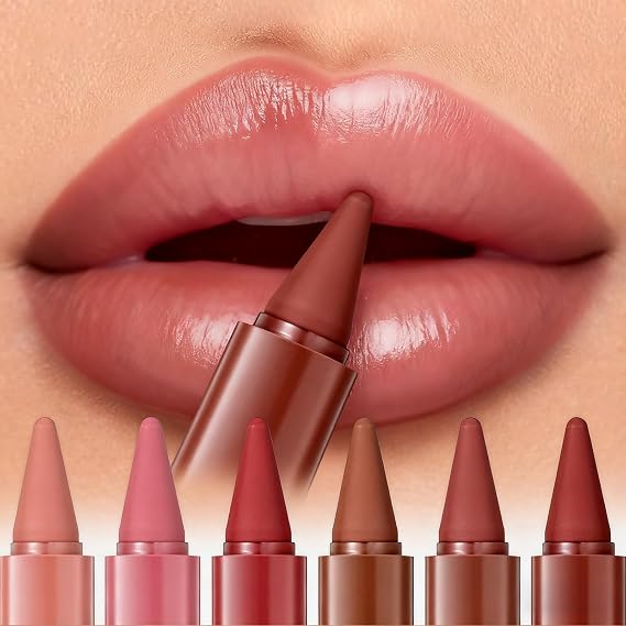 6Pcs Long Lasting Lip Liner & Lipstick Set, Matte Smudge-Proof Brown Lip Liner & Nude Lipstick Combo,Velvety Lip Makeup for Natural or Bold Looks