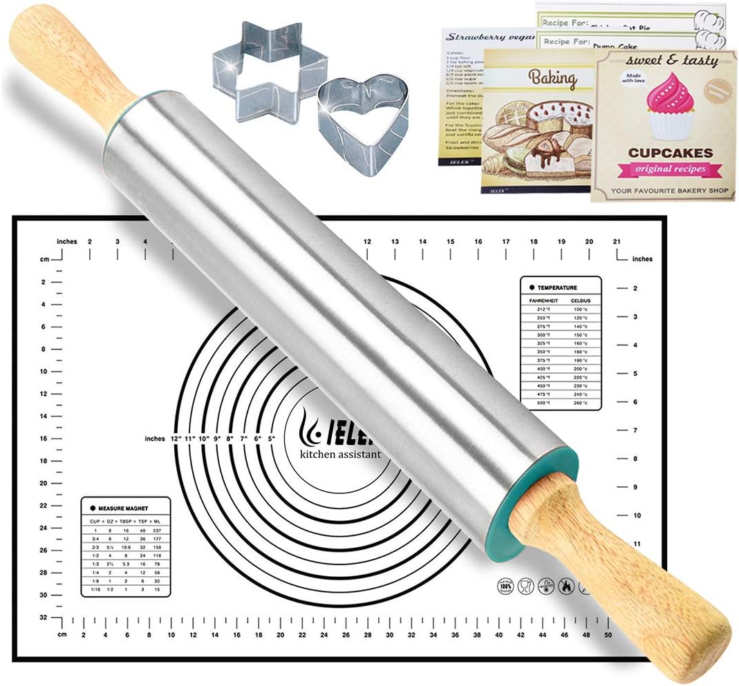 Rolling Pin Non Stick Silicone Baking Pastry Mat Combo Kit for Pasta, Cookie Dough, Pastry, Bakery, Pizza