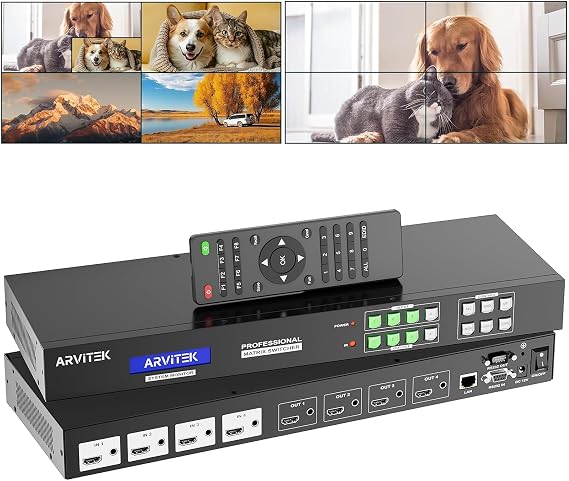 HDMI Video Wall Controller 2x2 Matrix, 4K 4x4 HDMI Matrix Seamless Switch w/Web, Seamless Out 1 Multi-Viewer w/PIP & 90-180-270 Rotation, Support 3.5mm Audio Input Output, Fit 1U 19" Rack